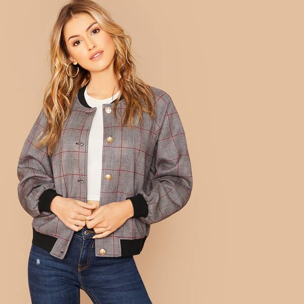

Gold Button Front Plaid Bomber Jacket, Grey