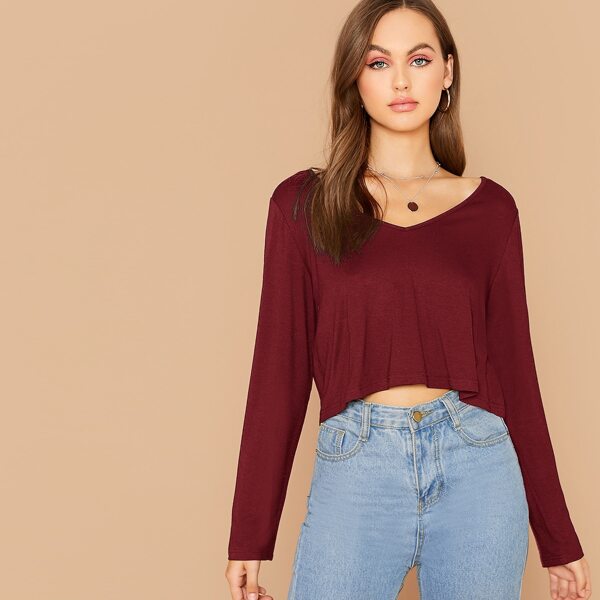 

High Low Hem Solid Tee, Burgundy