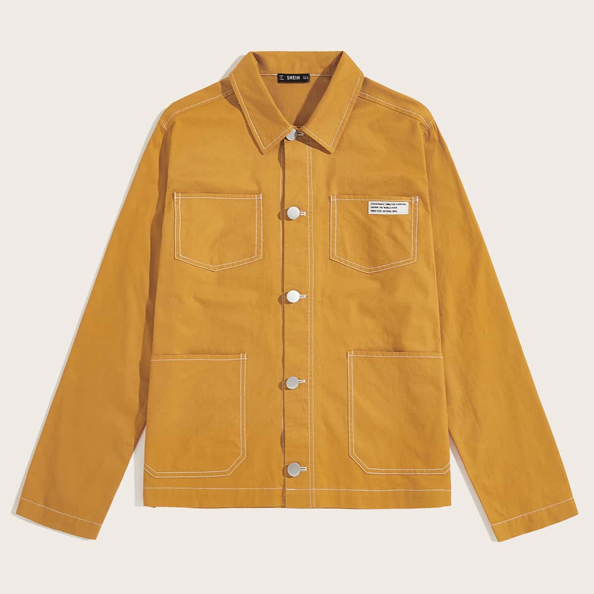 

Guys Contrast Stitch Pocket Front Overshirt, Yellow