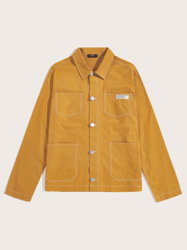 

Men Contrast Stitch Pocket Front Shacket, Yellow