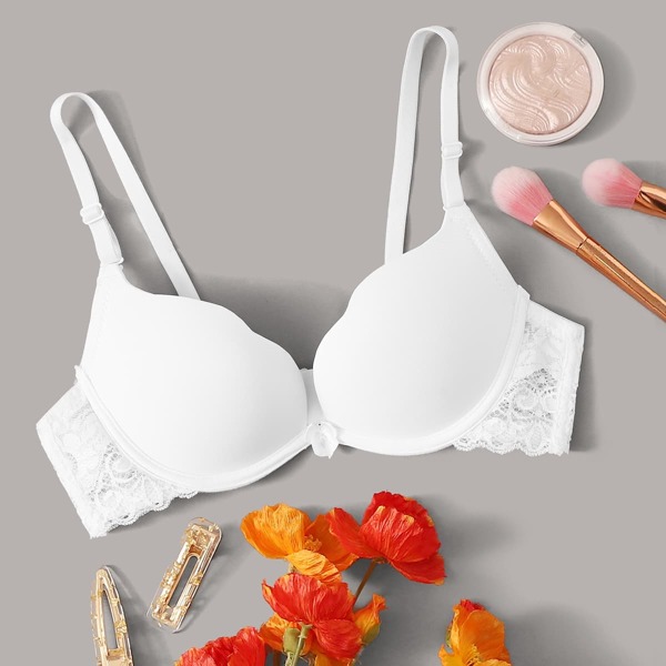 

Contrast Lace Underwire Bra, White