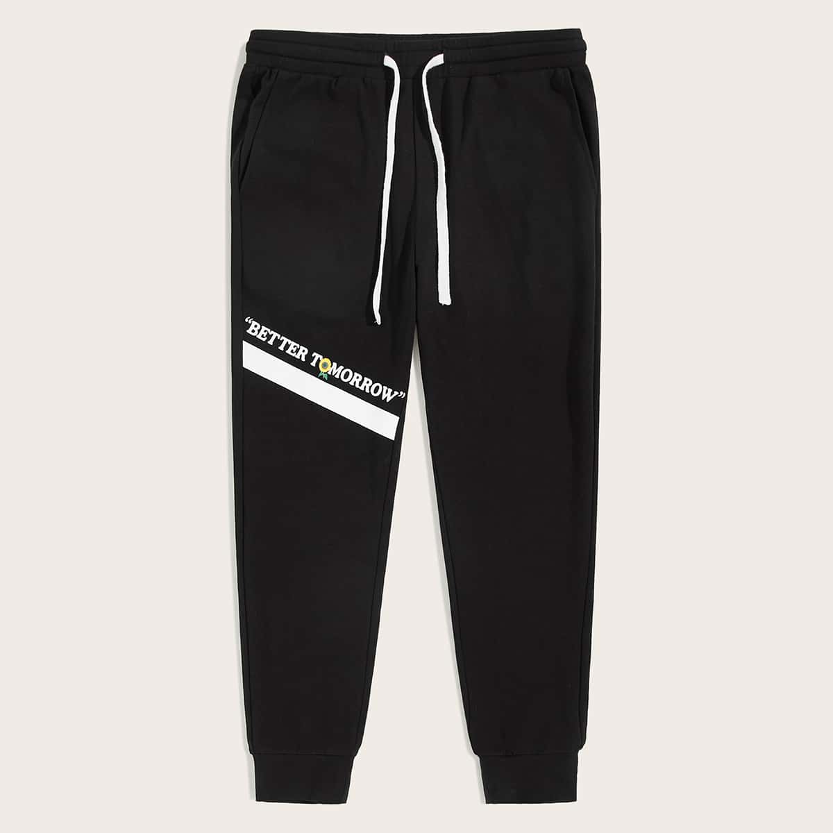 

Guys Drawstring Waist Slogan Graphic Sweatpants, Black