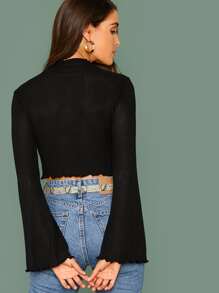 SHEIN Lettuce Edge Bell Sleeve Rib-knit Crop Tee - Black - View 2