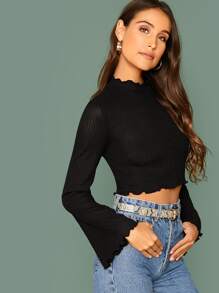 SHEIN Lettuce Edge Bell Sleeve Rib-knit Crop Tee - Black - View 3