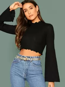 SHEIN Lettuce Edge Bell Sleeve Rib-knit Crop Tee - Black - View 1