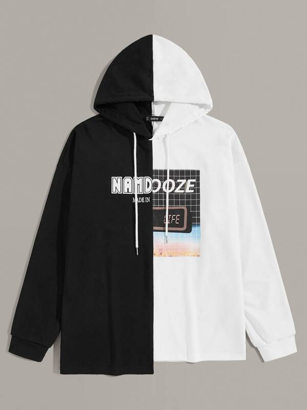 

Men Graphic Two Tone Stepped Hem Hoodie, Black and white