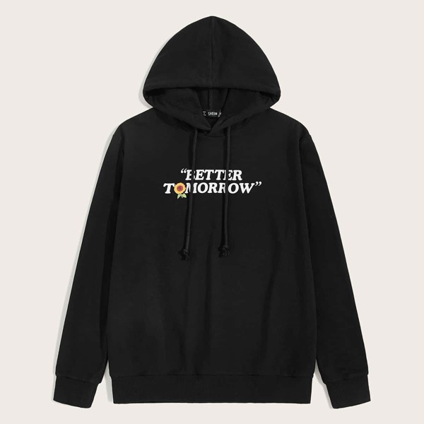 

Men Slogan & Floral Drawstring Hoodie, Black