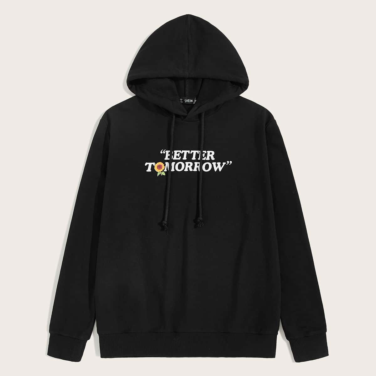 

Guys Slogan & Floral Drawstring Hoodie, Black