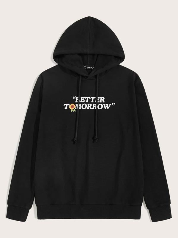 

Men Slogan & Floral Drawstring Hoodie, Black