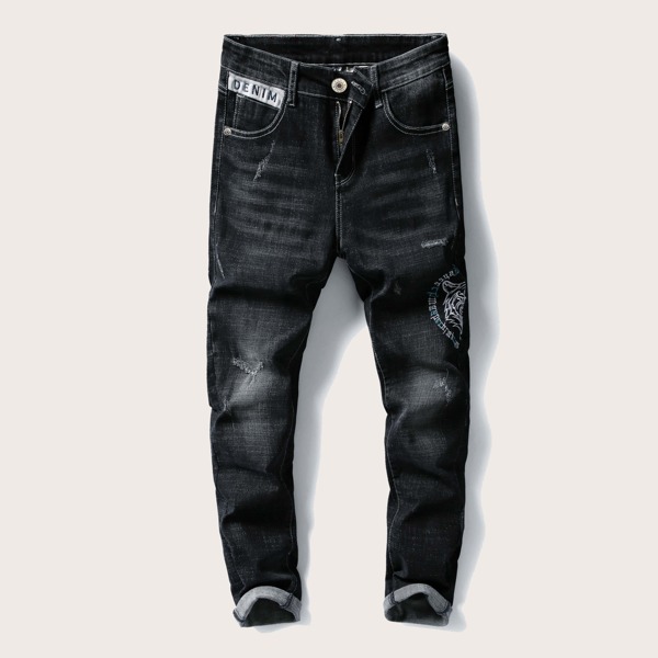

Men Letter Embroidery Ripped Jeans, Black