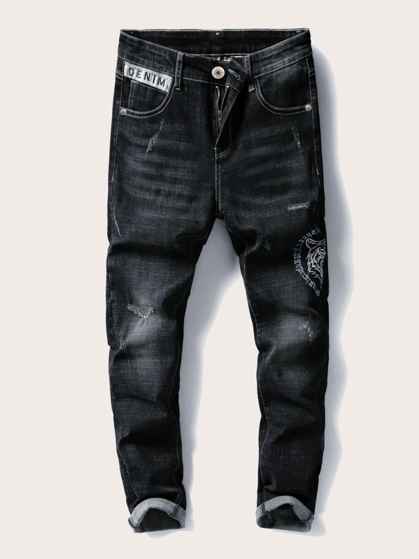 

Men Letter Embroidery Ripped Jeans, Black