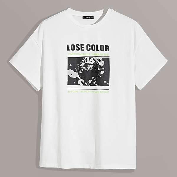 

Men Floral and Slogan Graphic Tee, White