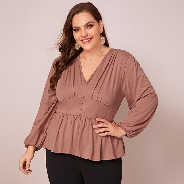 

Plus V-neck Button Detail Jersey Peplum Top, Pink