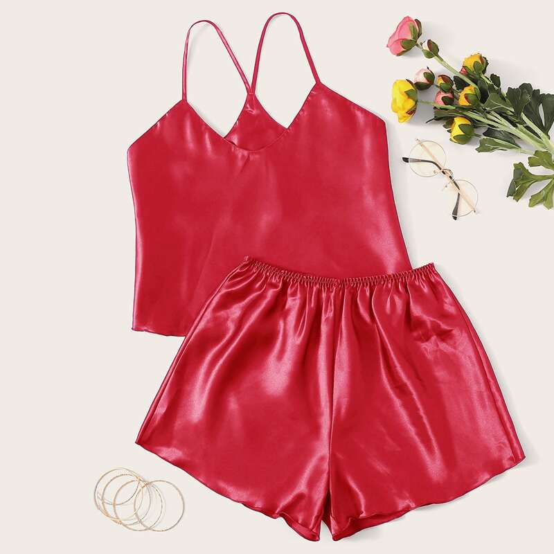 Solid Satin Cami PJ Set, Red
