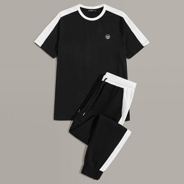 

Men Patched Detail Contrast Side Top & Sweatpants Set, Black