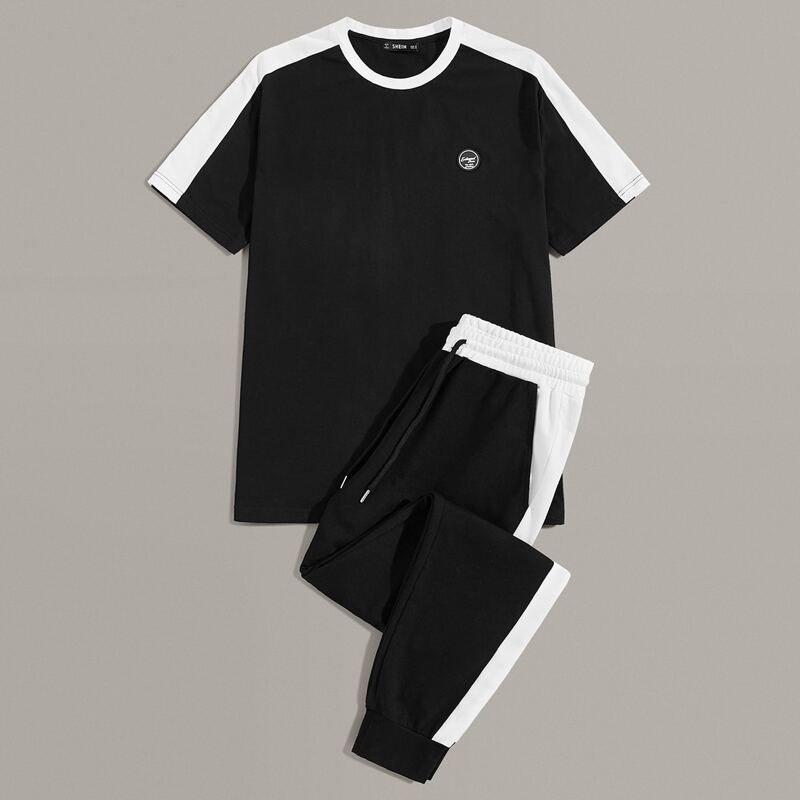 

Guys Patched Detail Contrast Side Top & Sweatpants Set, Black