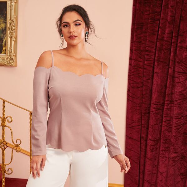 

Plus Cold Shoulder Scallop Trim Top, Pastel dusty pink