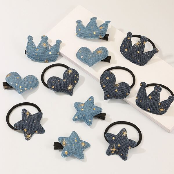 

12pcs Toddler Girls Star & Heart Decor Hair Tie & Hair Clip, Blue