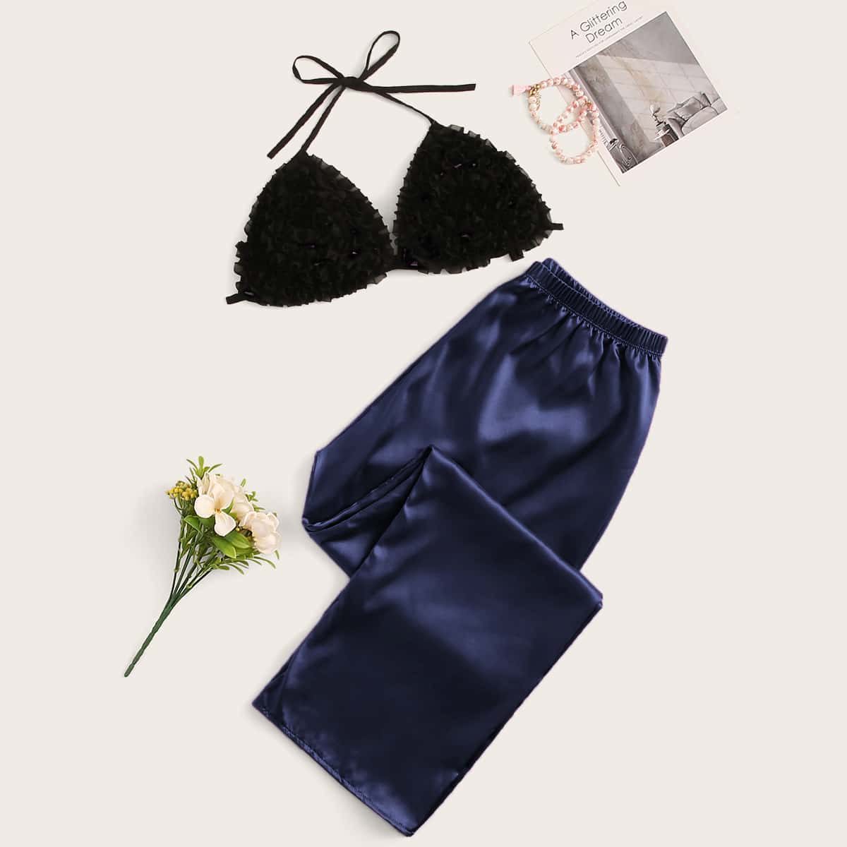 

Flower Appliques Halter Top With Satin Pants PJ Set, Navy
