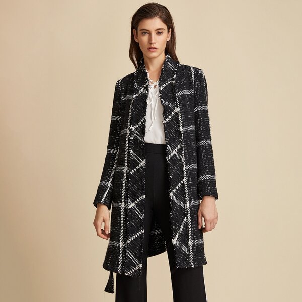

Premium Open Front Raw Edge Plaid Coat With Belt, Black