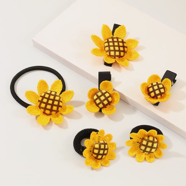 

6pcs Toddler Girls Sunflower Decor Hair Tie & Hair Clip, Multicolor