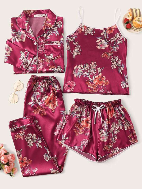

4Pcs Floral Print Satin PJ Set, Burgundy