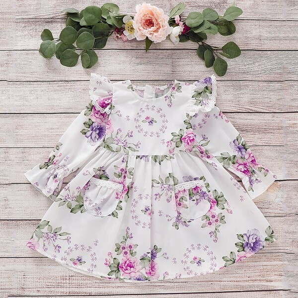 

Toddler Girls Floral Ruffle Trim Swing Babydoll Dress, White