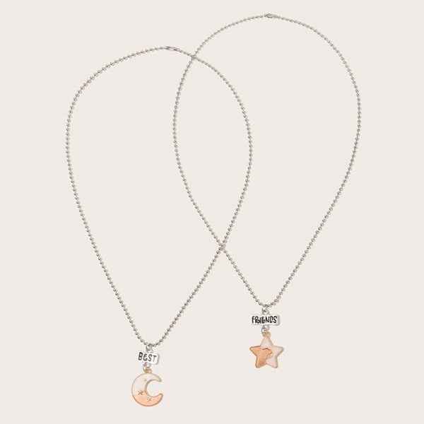 

2pcs Toddler Girls Moon & Star Charm Necklace, Pink