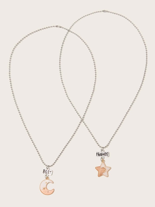 

2pcs Toddler Girls Moon & Star Charm Necklace, Pink