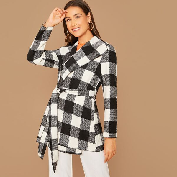 

Self Belted Buffalo Plaid Waterfall Coat, Black and white