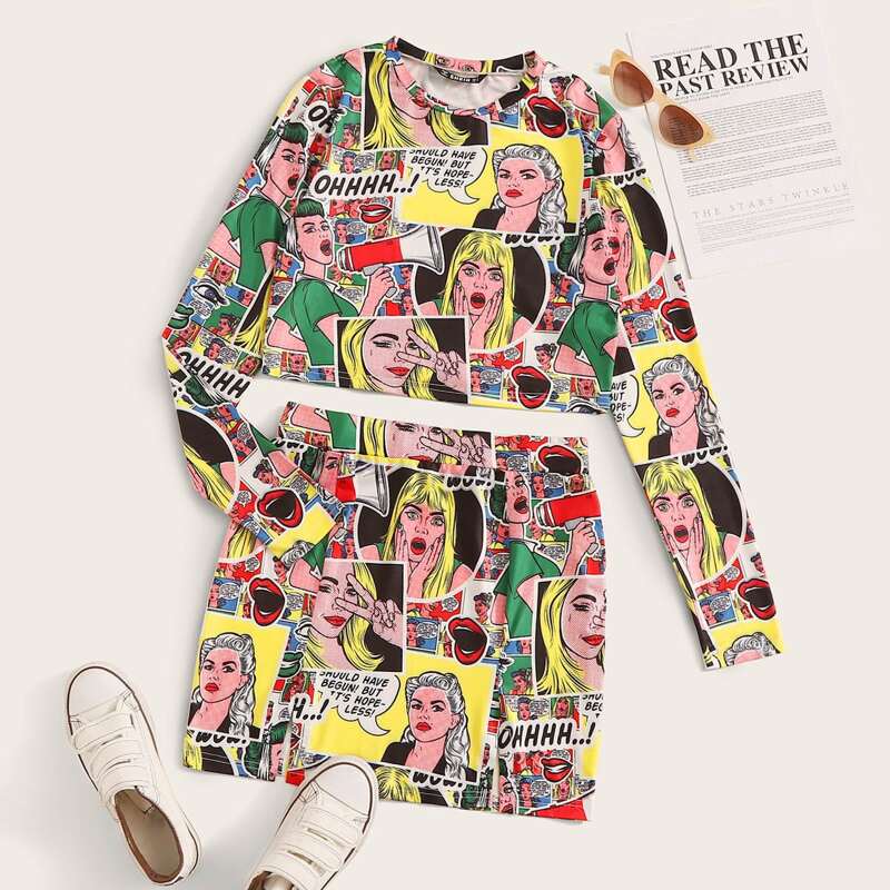 

Pop Art Print Fitted Crop Top & Skirt Set, Multicolor