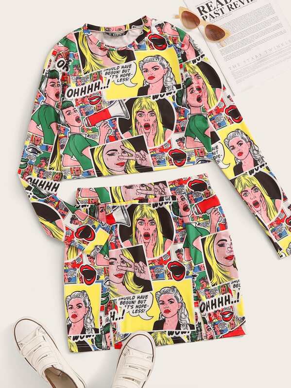 

Comic Fitted Crop Top & Skirt Set, Multicolor, Allie Leggett