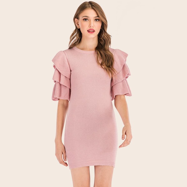 

Solid Layered Sleeve Sweater Dress, Pink