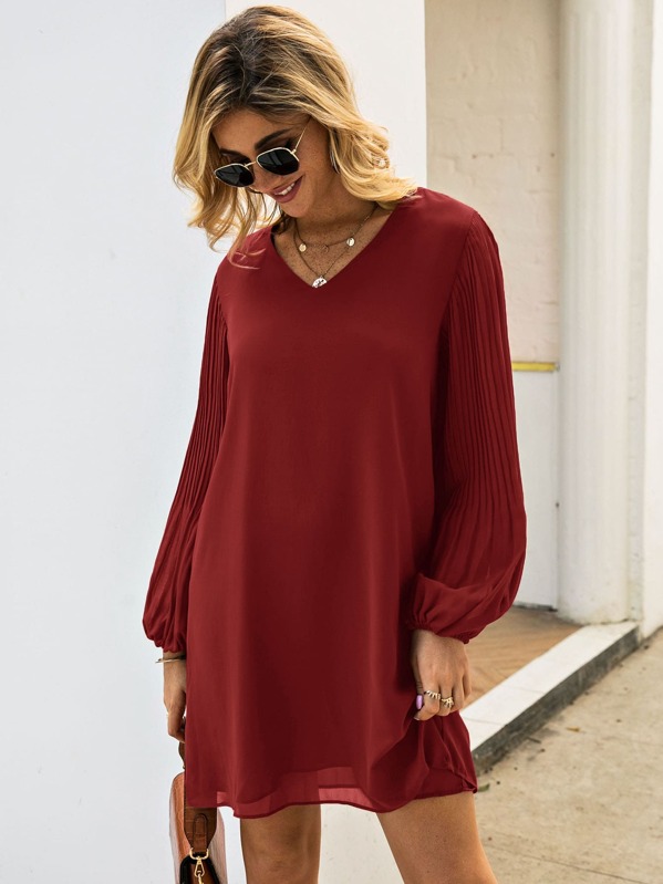 

V Neck Pleated Bishop Sleeve Tunic Dress, Burgundy
