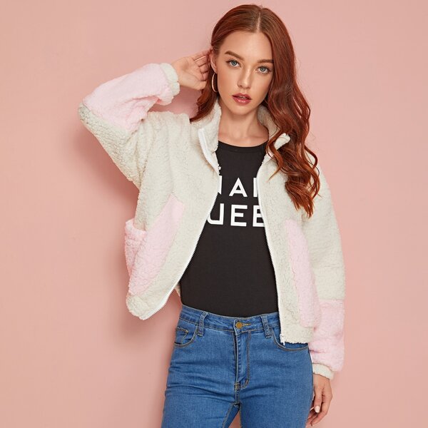 

Contrast Panel Zip Up Teddy Jacket, Beige