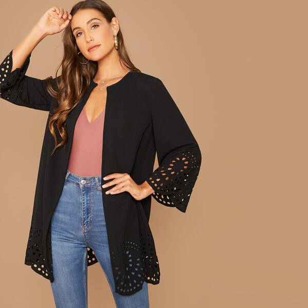 

Solid Laser Cut Open Front Coat, Black