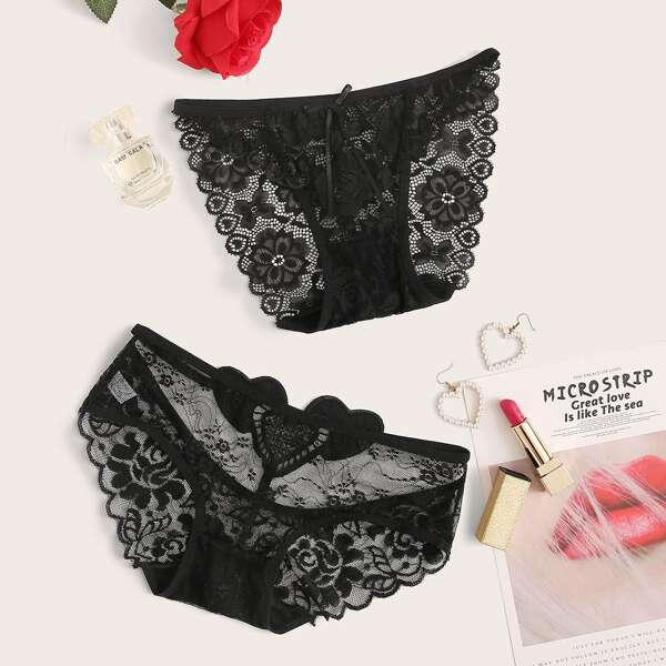 

2pack Floral Lace Sheer Panty Set, Black