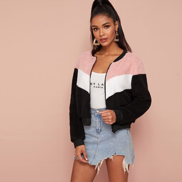 

Cut And Sew Zip Up Teddy Bomber Jacket, Multicolor