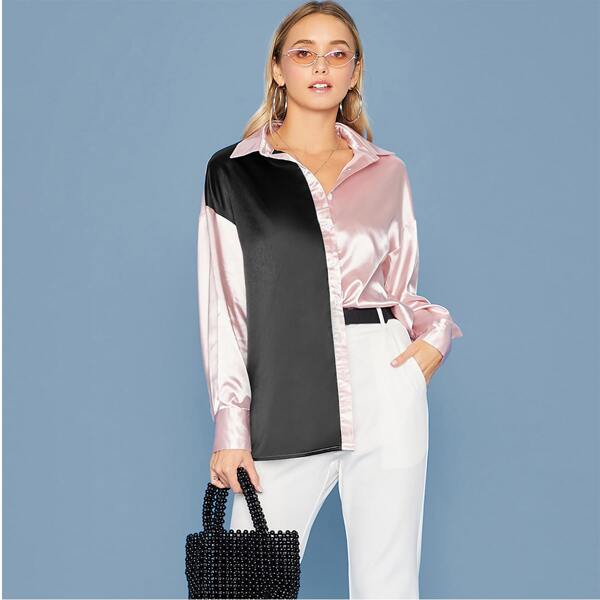 

Colorblock Drop Shoulder Satin Blouse, Multicolor