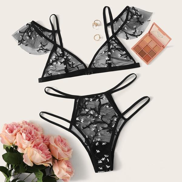 

Floral Embroidery Sheer Mesh Lingerie Set, Black