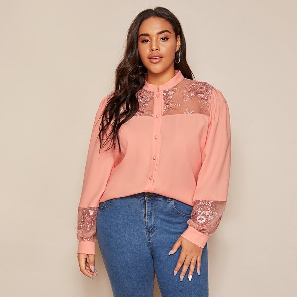

Plus Embroidery Mesh Yoke Blouse, Pink pastel