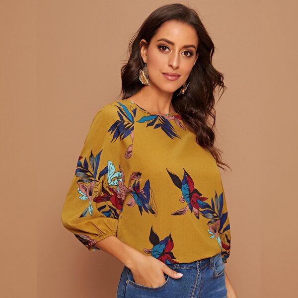 

Botanical Print Raglan Sleeve Top, Yellow