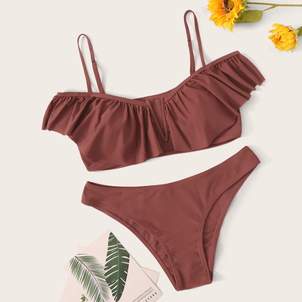 

Ruffle Trim Top With Cheeky Bikini Set, Red