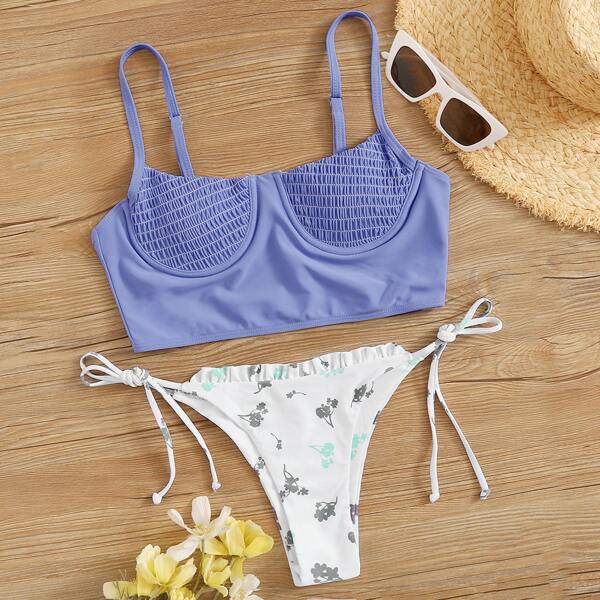 

Smocked Underwire Top With Floral Tie Side Bikini, Multicolor