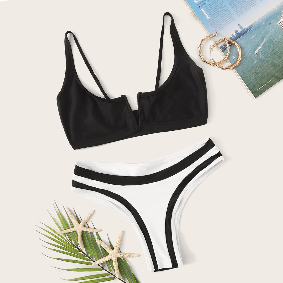 

Two Tone Top With High Cut Bikini Set, Black and white