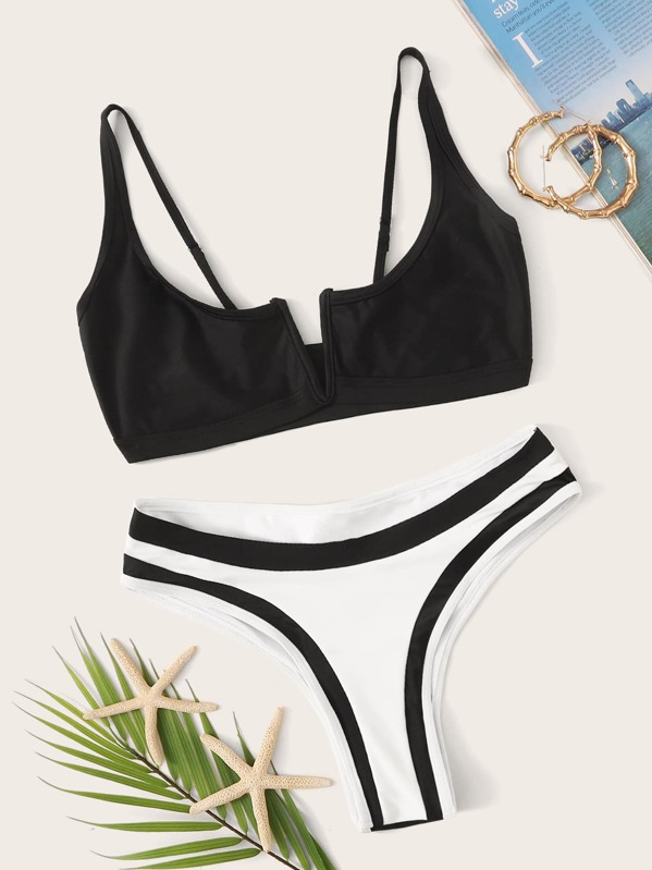 

Two Tone Top With High Cut Bikini Set, Black and white