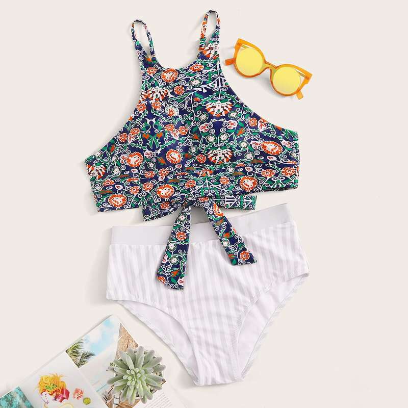 

Floral Random Print Knot Back Bikini Set, Multicolor