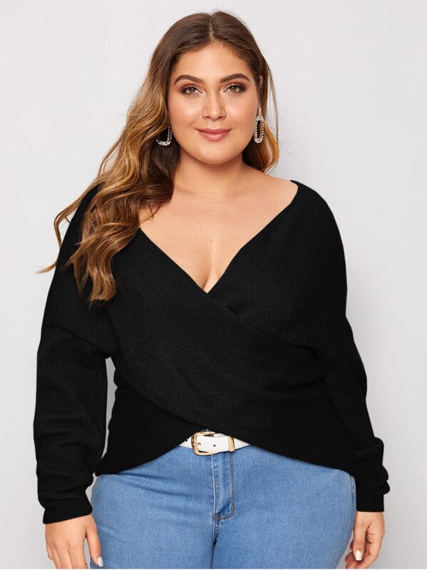 

Plus Cross Wrap Solid Sweater, Black, Carol