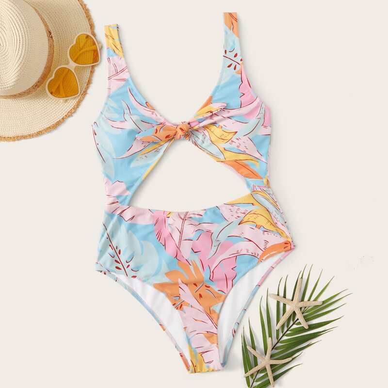 

Leaf Random Print Knot Front One Piece Swimwear, Multicolor