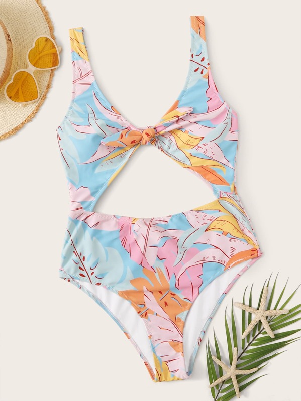 

Leaf Random Print Knot Front One Piece Swimwear, Multicolor